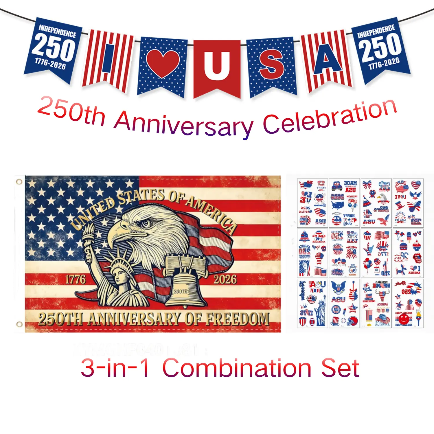 USA 250th Anniversary Patriotic 3-Item Polyester Decoration Kit - American Flag, Ethnic Pattern Banner, Flag Tattoo - Independence Day Decoration, Ceremony Prop Gift (1776-2026), Party Decor Props