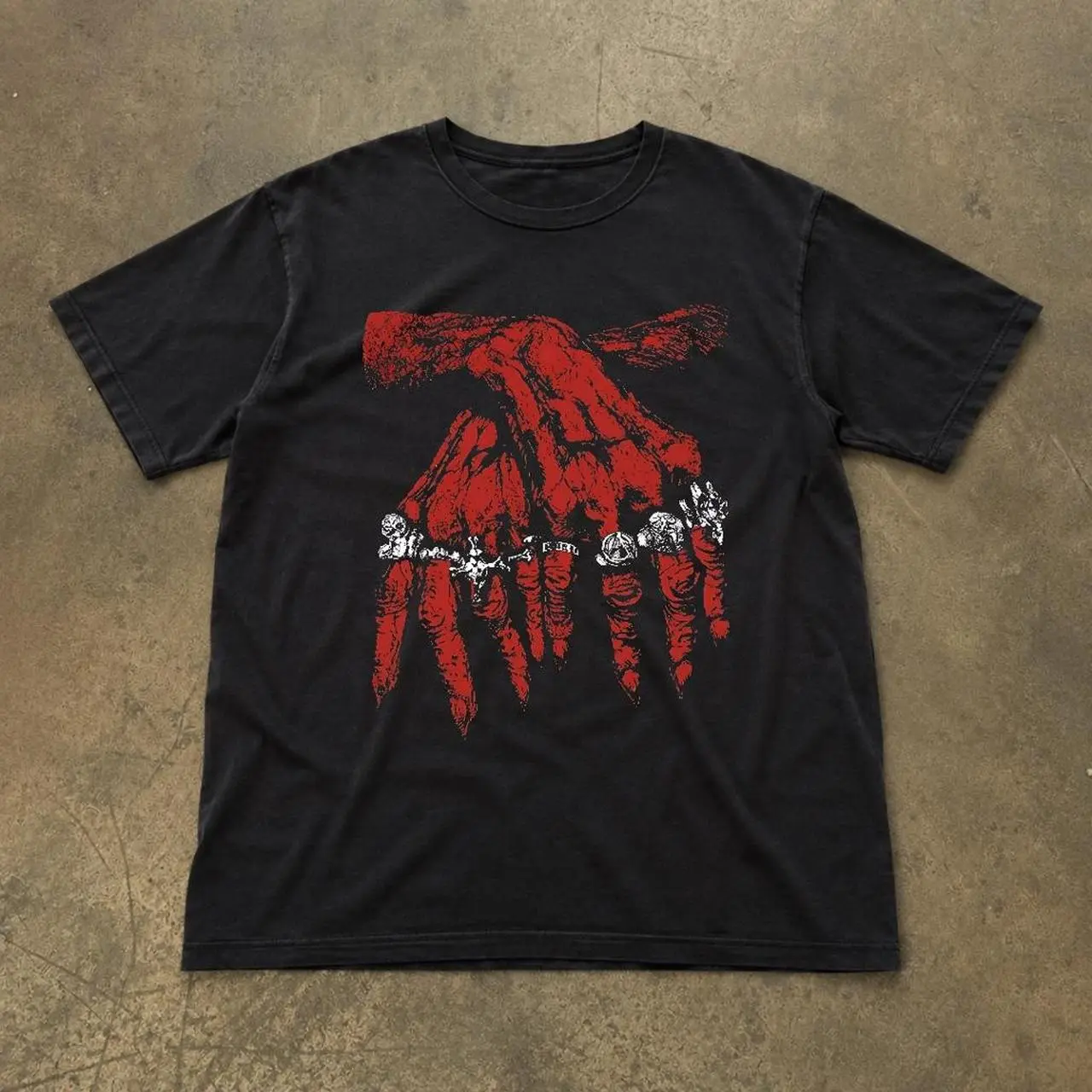 Vintage Black Red Hands Graphic Tee Punk Rock Rings Shirt Gothic Grunge Opium Aesthetic Heavyweight Oversized Unisex T-Shirt