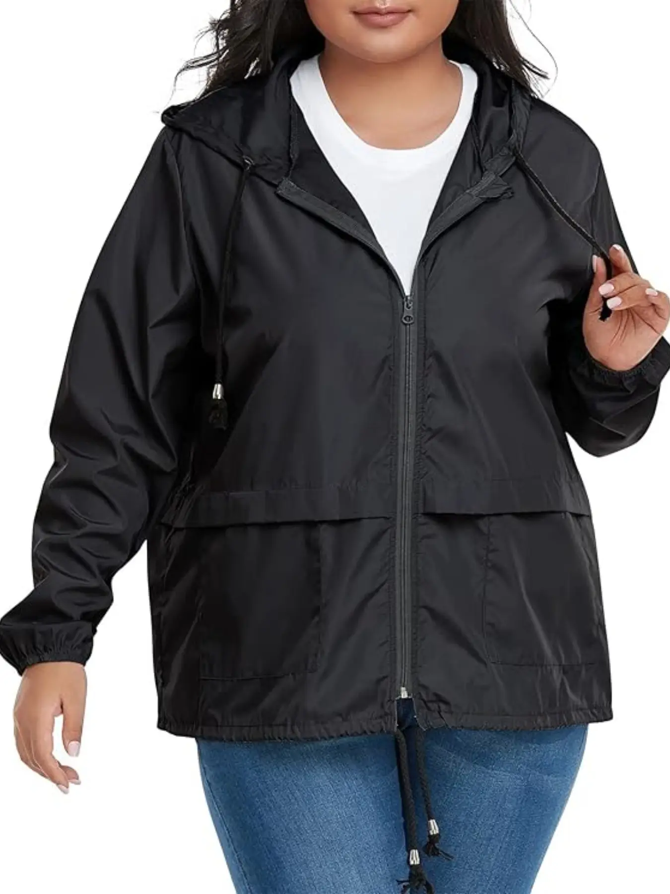 Women's Plus Size Oxford Long Sleeve Lightweight Casual Fashionable Outerwear Outdoor Jacket, Coats, Tops, Loose Fit, Adjustable Hem, Drawstring, Hooded, Waterproof, Windproof, Practical Pockets