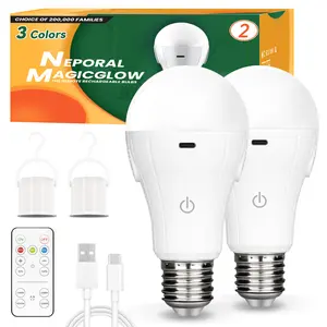 Neporal MagicGlow Rechargeable Light Bulbs with Remote, 3 Colors Shift + Dimmable Battery Powered Light Bulbs, USB Rechargeable, A19 Standard Emergency LED Light Bulbs, 15W, Up to 24 Hours, 2 Pack commercial lighting