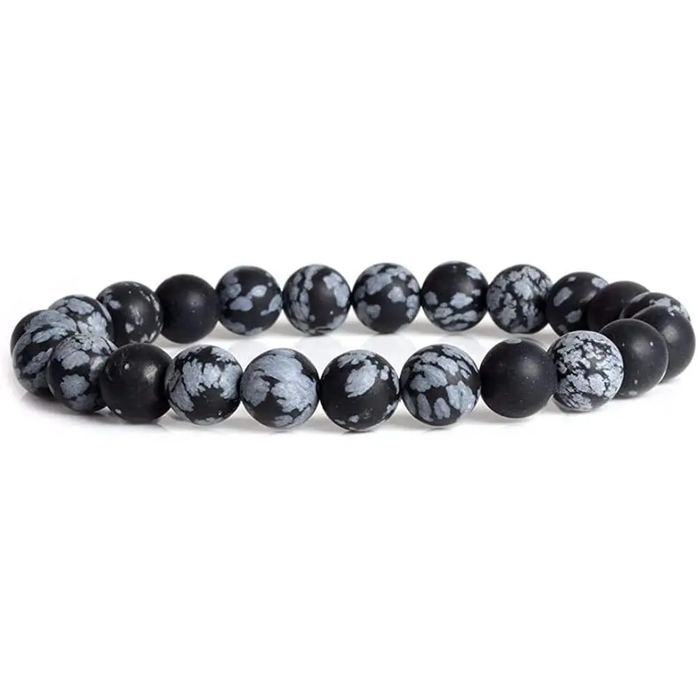Angelstones Natural Matt Snowflake Obsidian Gemstone 8mm Round Beads Stretch Bracelet 7 Inch