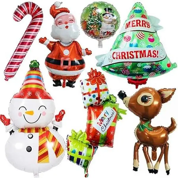 Christmas Decor Balloons, Giant 7pcs Mylar Foil Balloon Set, Santa Claus, Elk, Snowman, Reindeer, Candy Cane, Tree, Xmas Party Supplies