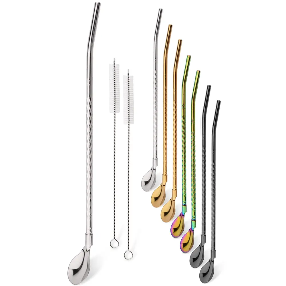 8 Stainless Steel Long Metal Reusable Drinking Straw Spoons, Includes 2 Cleaning Brushes, Tea Coffee Bar Kitchen Party Drinkware Accessories Beverage Utensil