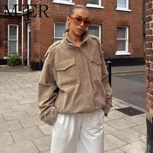 Women’s suede bomber jacket — oversized demi-season outerwear, winter overcoat with zipper