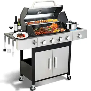 4-burner Propane Gas Bbq Grill With Side Burner, 46790btu Output With Enameled Cast Iron Cooking Grids For Outdoor Barbecue, Stainless Steel