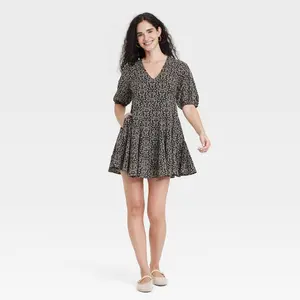 Women's Bell Elbow Sleeve Mini A-Line Dress - Universal Thread Black Floral L