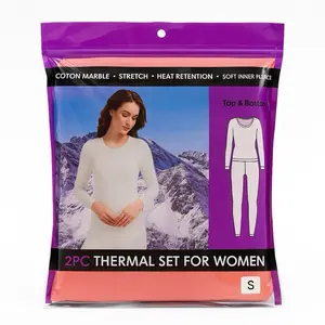 2Pc Thermal Set for Women - Cotton Marble Stretch Heat Retention Soft Inner Fleece Top & Bottoms S