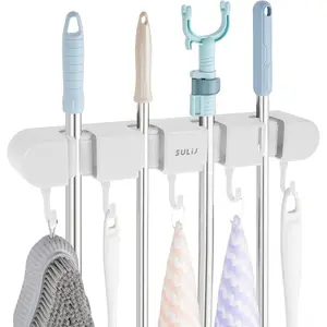 3-piece no-drill broom holder wall mounted - heavy-duty corner storage rack with 4 tiers of shelves and 5 hooks, space-saving mop and broom organizer for bathroom, kitchen, closet, garage, white