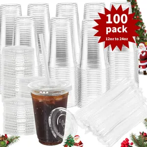 100-Pack Disposable Cold Drink Cups with Lids and Straws Transparent Plastic Cups 16oz to 24oz to 20oz Sturdy BPA-Free for Parties Picnics Barbecues and Travel