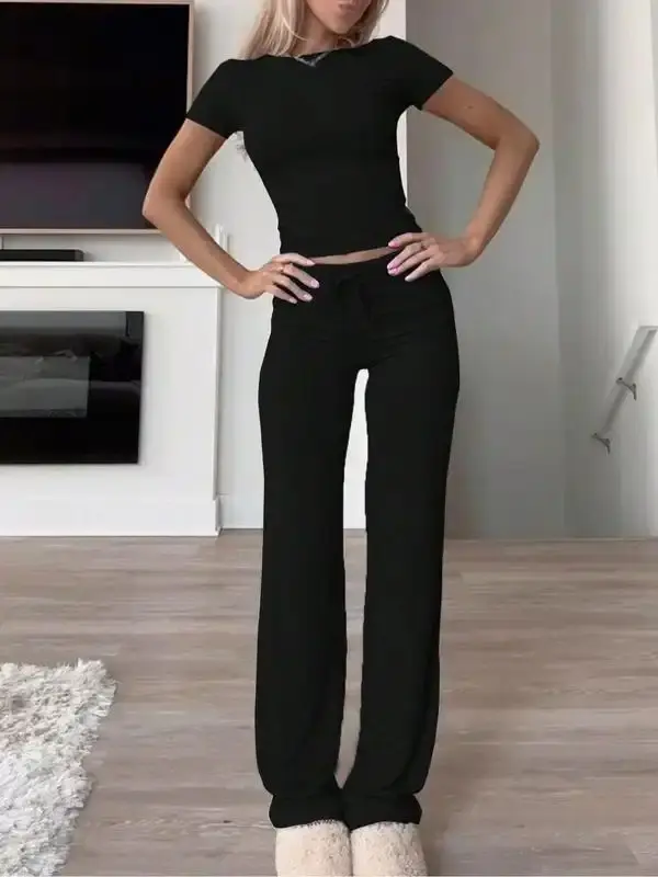 Women's Solid Short Sleeve Two-piece Set, Casual Tracksuit, Round Neck Crop Tee & Drawstring High Waist Trousers Tracksuit, Sixth Form Outfit, Co Ords for Women, Classy Going Out Tops & Pants, Travel, Matching Sets