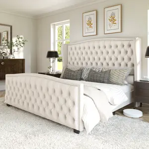 [SummerVibes]VanAcc Luxury Bed Frame, Velvet Upholstered Bed with Deep Button Tufted Design& Nailhead Trim Wingback Headboard, Unique Bedroom Furniture, No Box Spring Needed/Durability/KING/QUEEN