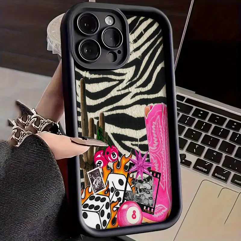 Phone case: Zebra-print phone case, featuring vintage cowboy boots and playful dice design, suitable for iPhone 17/16/15/14/13/12 and 11 Pro and Samsung Galaxy S25 S24 S23 FE S22 models, shockproof and anti-drop phone case, perfect as a minimalist gift