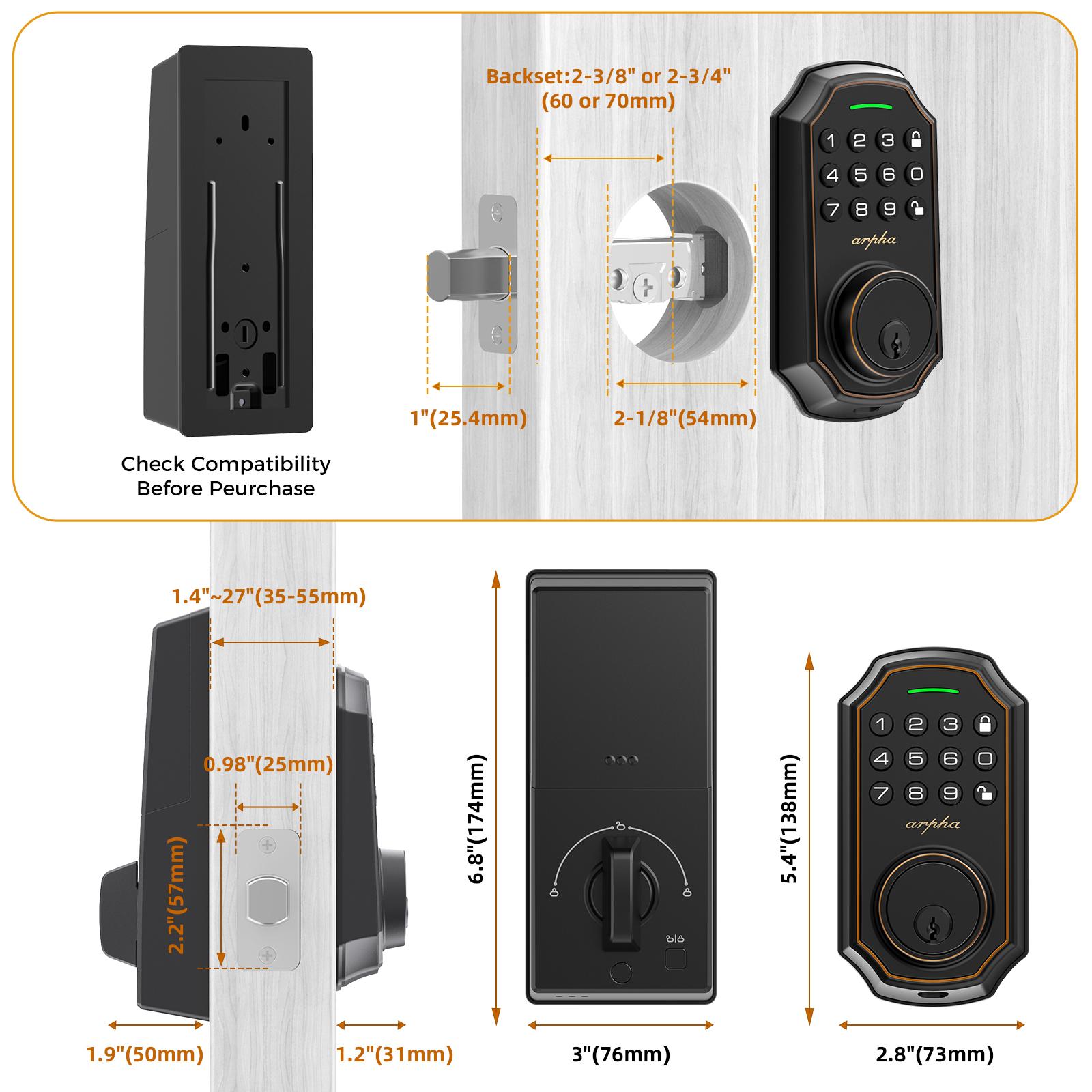 Arpha D180 Keyless Entry Door Lock with Keypad Smart Deadbolt Lock for Front Door 2 Keys Auto Lock Easy Installation Suitable for Various Scenarios Multiple Styles to Choose From with or without APP;Version with and without fingerprint