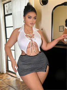 Plus Size Sexy Costume Striped Nightdress Bodysuit, Cosplay Secretary Outfit, Sheer See-through Hollow Out Tie-up Wire-Free 2-Piece Set Including Dress and Thong, Suitable for Private Parties  bra shop Lingerie