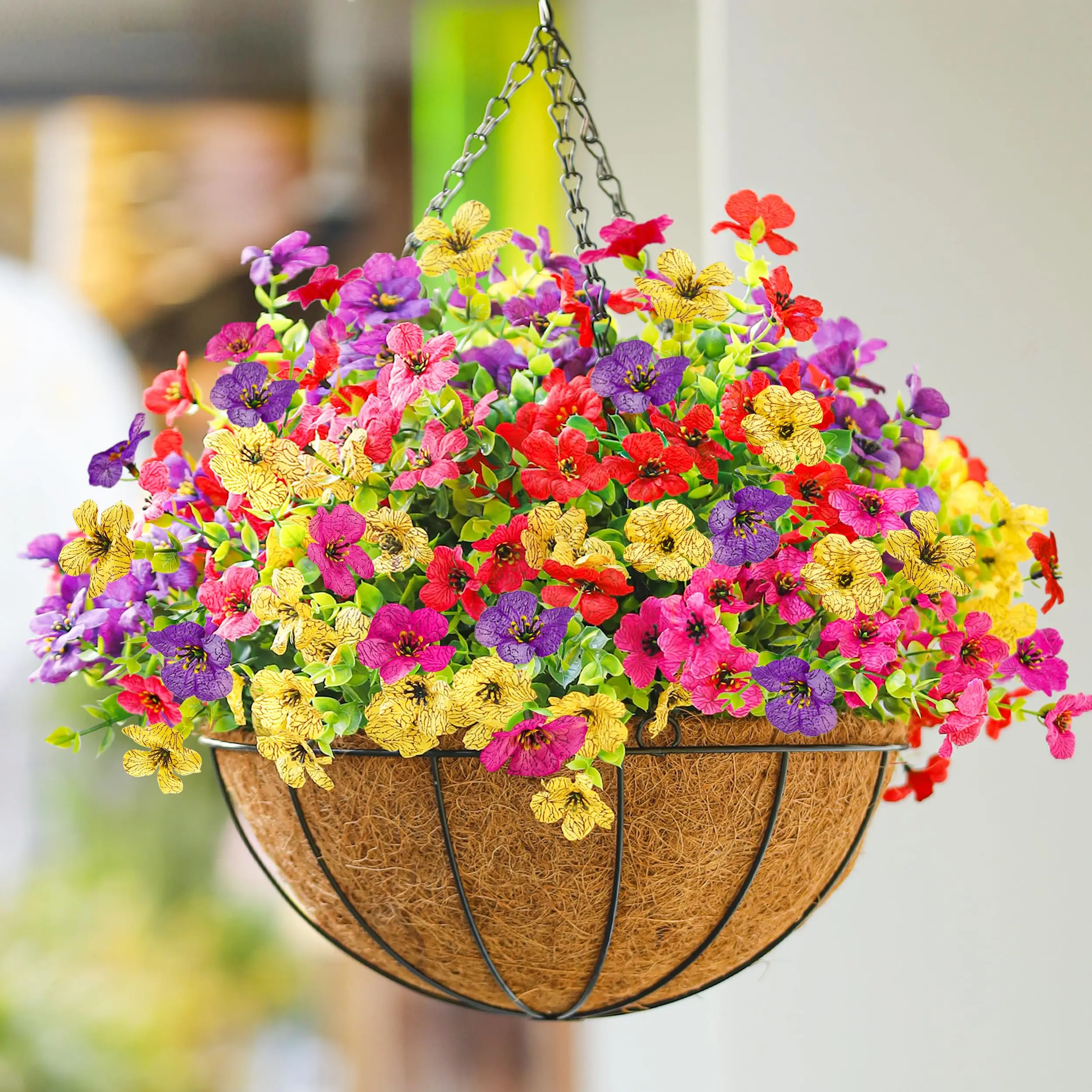 Der Rose UV-Resistant Artificial Hanging Flower Basket with Multi-Color Bouquet - Decorative Garden Planter, Fake Hanging Plants for Garden Front Porch, Floral Decor for Outdoor Decorations, UV-Resistant for Long Use