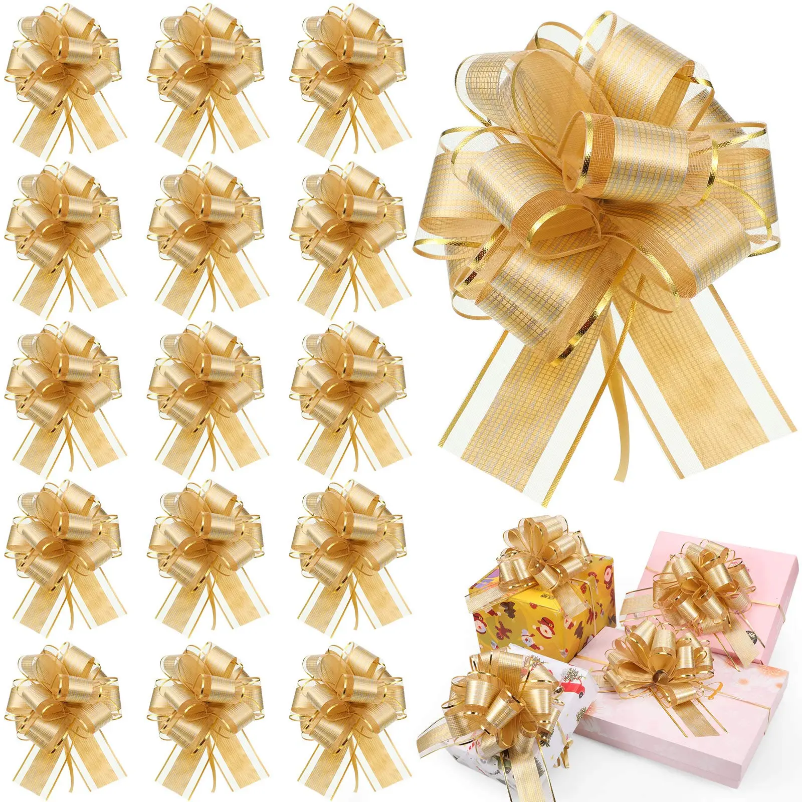 20Pcs/Set Gold 6 inch Pull Bows Gift Wrapping Ribbon Pull Bows for Valentine Wedding Baskets Christmas,Multicolor Wrap Accessory for Present Holiday Halloween Party Decor,DIY Hand Tools Kits