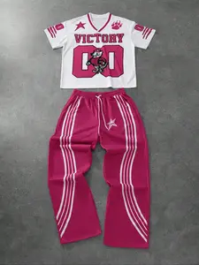 Unisex Fashion Birdseye Cloth Patchwork Short Sleeve + Long Pants 2 Piece Set, Streetwear Tracksuit Set, Casual Striped Sportswear, Sports Clothing Set, All Seasons