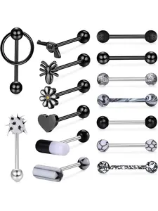 14G Tongue Bars Steel Tongue Piercing Teaser Double Barbell Vibrating Tongue Bar Plastic Long Nipple Bars Tounge Bars Barbells Body Jewellery Set for Women Nose Ring