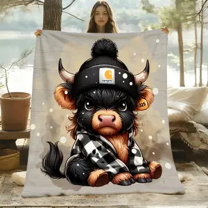 Cute Highland Cow Pattern Flannel Blanket - Soft, Warm, Anti-Pilling, Double-Sided, Heat Print, Modern All Season Throw Blanket, Ideal Gift for Bed or Sofa