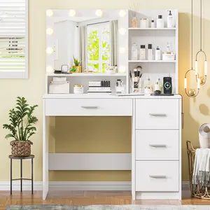 DINGIPP Makeup  Desk with Lighted Mirror and Charging Station, Makeup Table with 4 Drawers & Storage ,  Desk 3 Color Modes Available, Bedroom Dressing Table for Women, , White girl vanity shelf vanity mirror