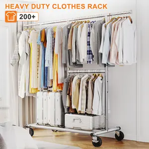 Raybee Gold Heavy Duty Clothes Rack with Wheels, Adjustable & Portable Rolling Clothing Racks for Closet, Bed Room, Laundry Room, Commercial Use