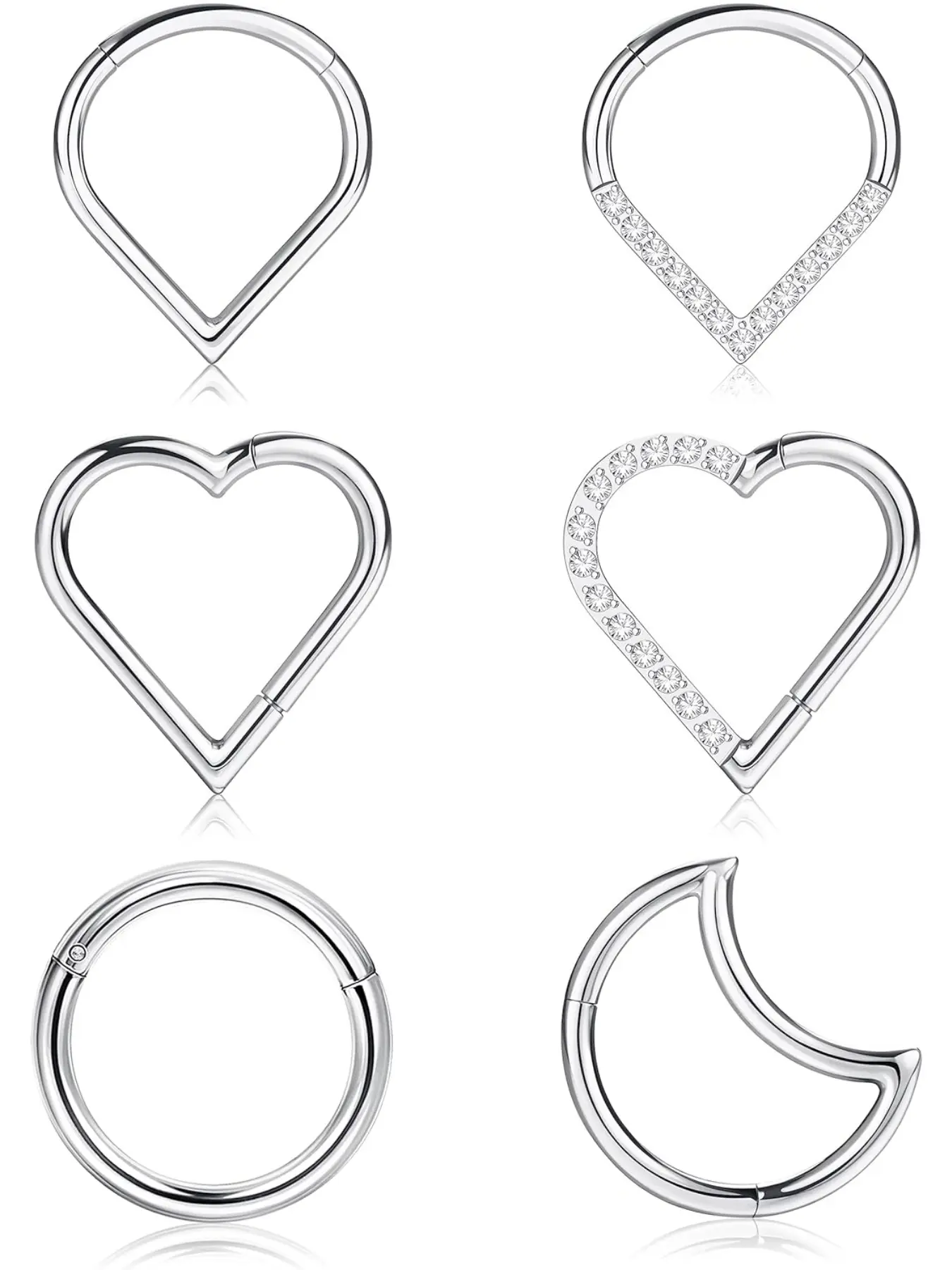 6Pcs Daith Piercing Jewelry Hypoallergenic Cartilage Nose Conch Tragus Helix Hoop Piercing Jewelry Surgical Steel CZ Moon Heart Teardrop Clicker Septum Rings 16G