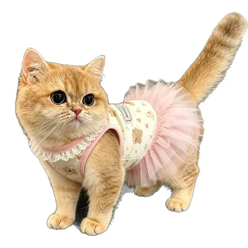 Cat Princess Cartoon Pet Dress - Pink, Multicolor, Contrast Butterfly Lace, Ruffled, Patched, Machine Washable Summer Cat Clothing