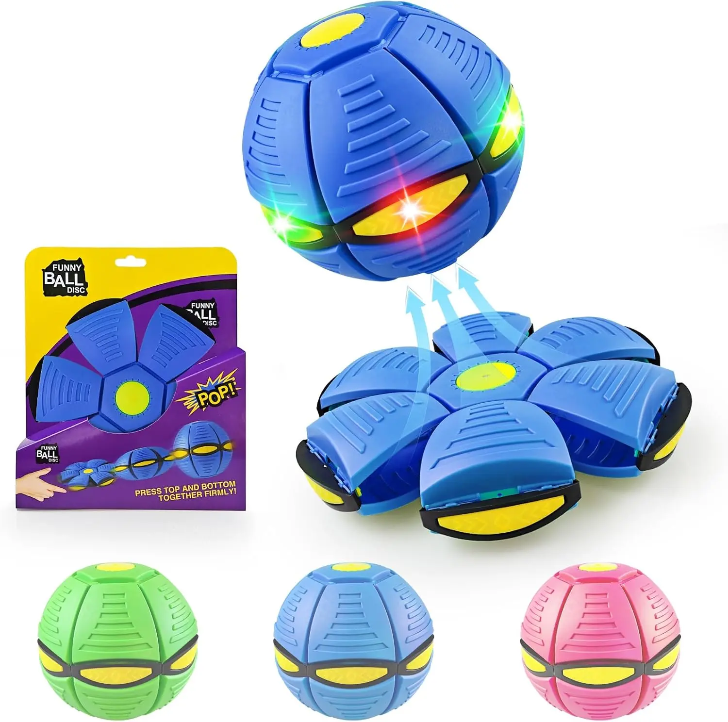 Blue Transformable Pop-Up UFO Bouncy Ball with 6 Flashing Lights, Dual Shape Deformable Interactive Parent-Kid Outdoor Toy Gift Pack