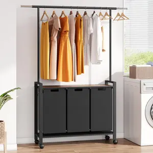 【GARVEE】Laundry Sorter 3-Compartment Hamper with Hanging Rod, Wooden Shelf, 3 x 13-Gallon Laundry Basket Organizer, Black