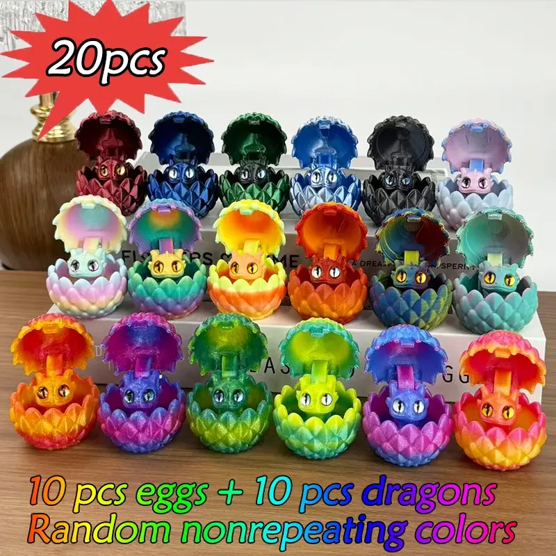 20pcs 3D Printed Dragon Egg Models, Miniature Set, 10 Eggs + 10 Mini Dragons, Multiple Colors, Home Desktop Decor, Party Gifts, Birthday Presents