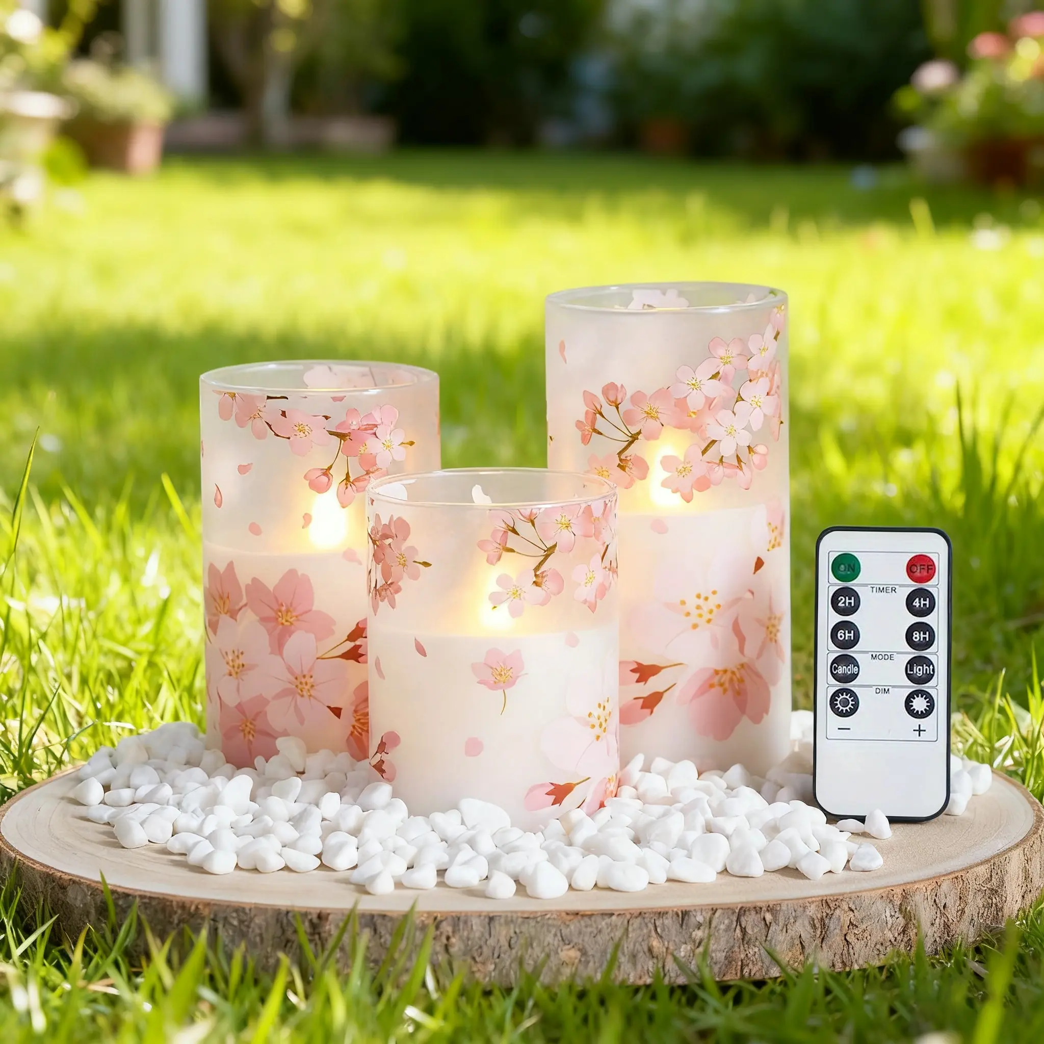3-Pack Realistic Cherry Blossom Real Wax LED Flameless Pillar Candles, Battery-Operated Flower Design Lamp with Remote Control, Indoor Lighting Decorative Lights for Bedroom Wedding Mood Nightlight