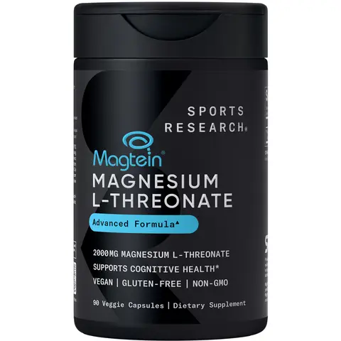 Sports Research Magtein Magnesium L-Threonate Capsules - Gluten and Soy-Free - 2000mg, 90 Capsules for Adults