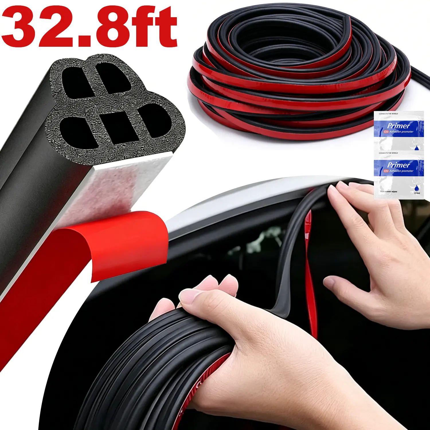 33Ft Car Door Seal Strip Universal Self Adhesive Automotive Weather Stripping, Double Layer 5-Hole Car Door Soundproofing Strip, Rubber Seal Strip for Cars Trucks SUVs RVs