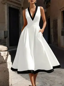 ZANZEA Women's Casual Wear Dress, V Neck Sleeveless, Colorblock Hem, Waist Cinch a Line Design, Perfect for Daily Outing, Comfortable and Stylish, Boho Flowy Attire, Casual Cami Dress