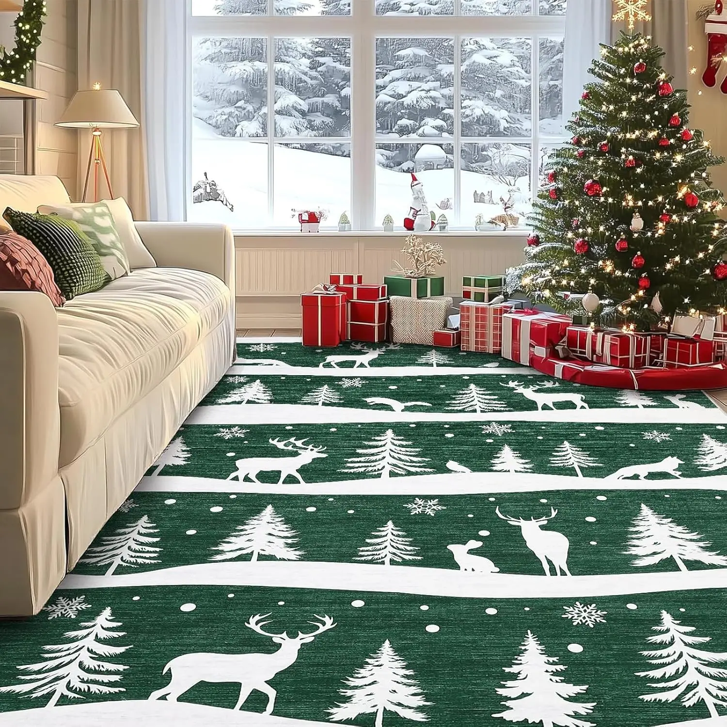 【Christmas Gift】8x10 Area Rugs for Living Room, Christmas Rugs with Xmas Tree Reindeer Snowflake for Holiday Decor, Non Slip Low Pile Washable Rug for Dining Room, Bedroom, Green