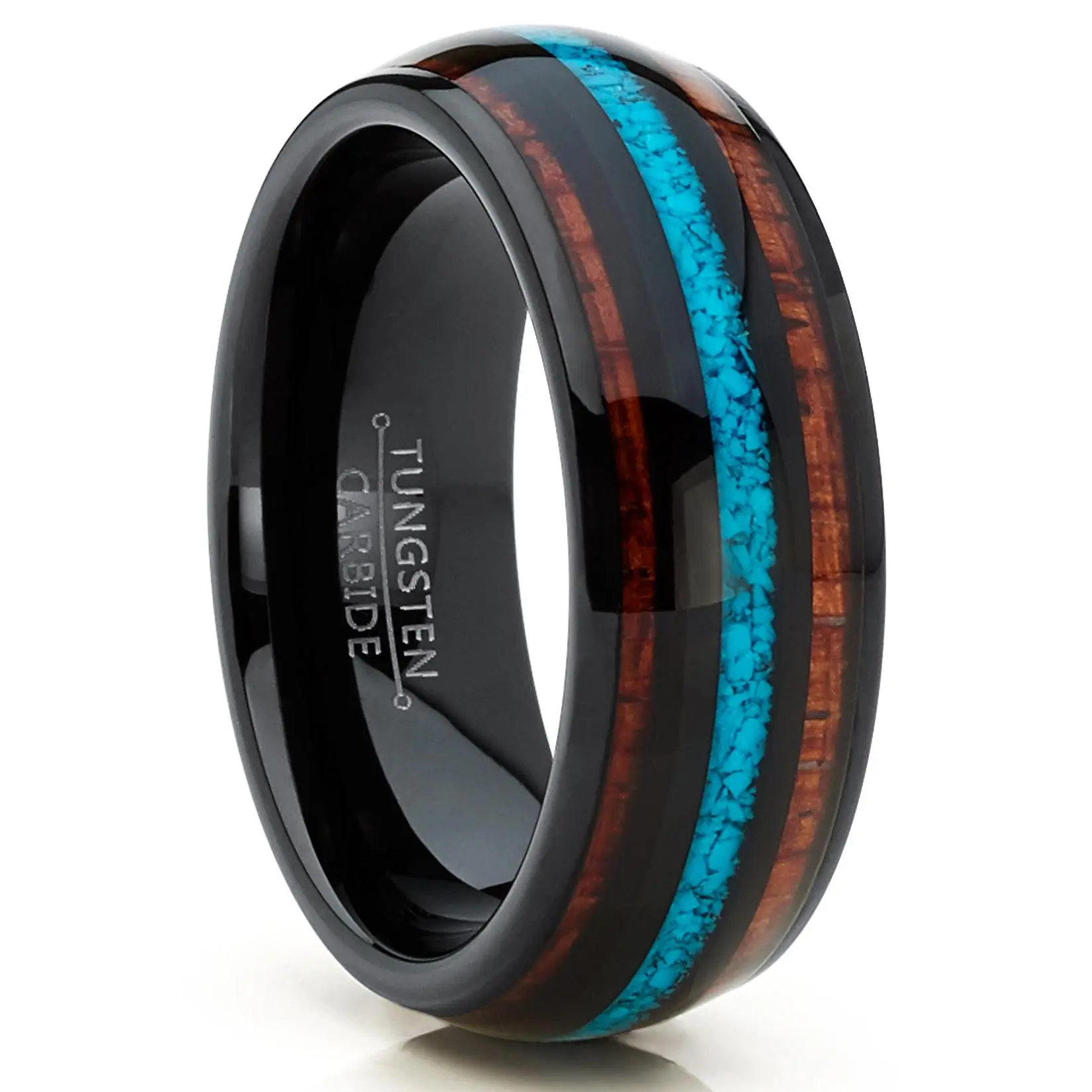 Men's Wedding Band, 8mm Black Tungsten Ring with Hawaiian Koa Wood and Crushed Turquoise Inlay, Hypoallergenic Comfort Fit Men's Jewelry, Rings, Engagement Ring