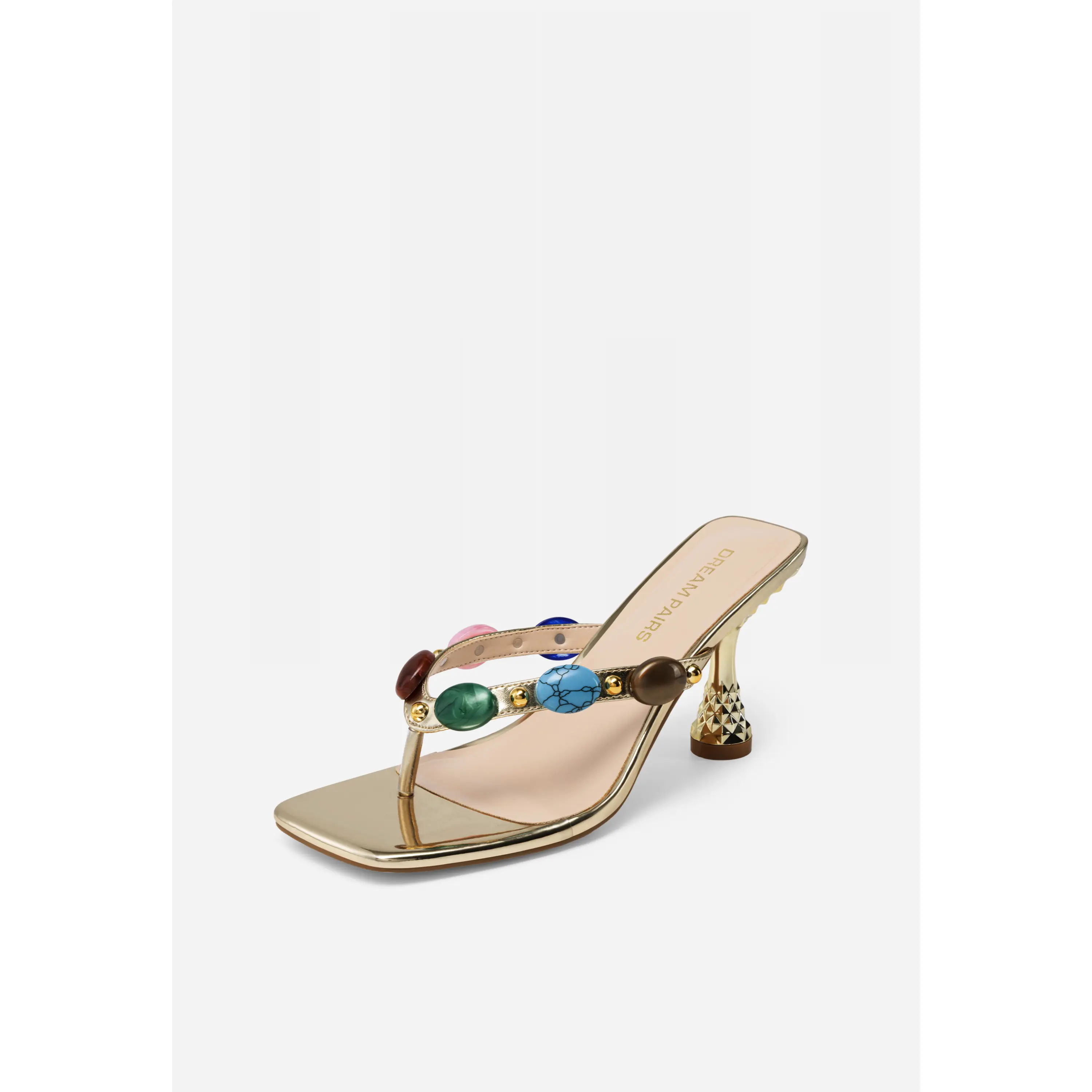 Dream Pairs Women's Jeweled Thong Heel Sandals - Square Toe, Low Heel, Slip-On Slides, 4mm Padded Insole, Colorful Gemstones, Comfortable Embellished Sandals Pumps for Summer Beach, Women Sandals