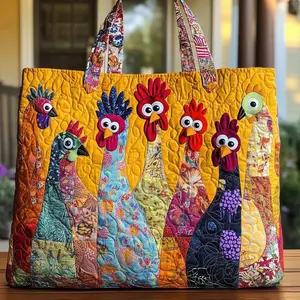 Digital Printed Quilted Chicken Pattern Shoulder Tote, Color Block Handbag With Unique Patchwork Design, Spacious Portable Bag Suitable For Daily Commute, Gym Use And Daily Carrying, Also Serves As A Practical Present For Female Relatives multifunctional