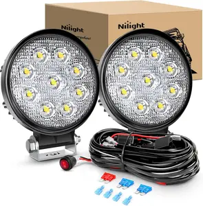 Nilight 2PCS 27W Round Flood Driving Lamp Waterproof Jeep Off Road Fog Lights with Off Road Wiring Harness- 2 Leads auto Led Backlights Truck Replacement