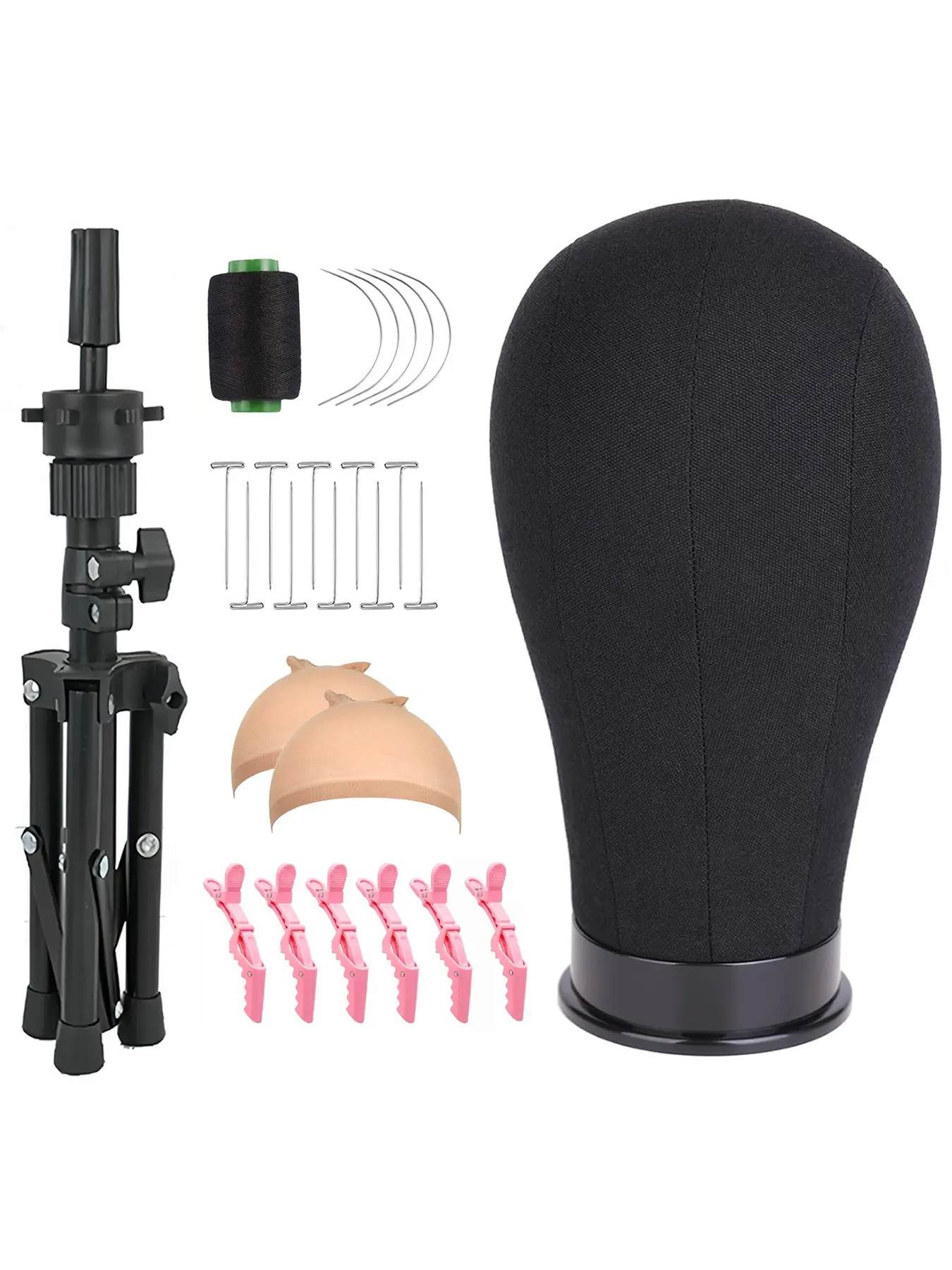 Professional Wig Making Kit with 22 Inch Black Canvas Wig Head and Adjustable Tripod Stand, Wig Making Supplies Set with T-Pins, C Needles, Wig Caps, Hair Clips for Wig Styling Display Mannequin Head for Wigs