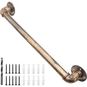 Wall Handrail 2FT/60CM Industrial Staircase Railing 1.25 Inch Tube Diameter Galvanized Pipe Wall Mount Handrail for Indoor Outdoor Stairs Antique Brass