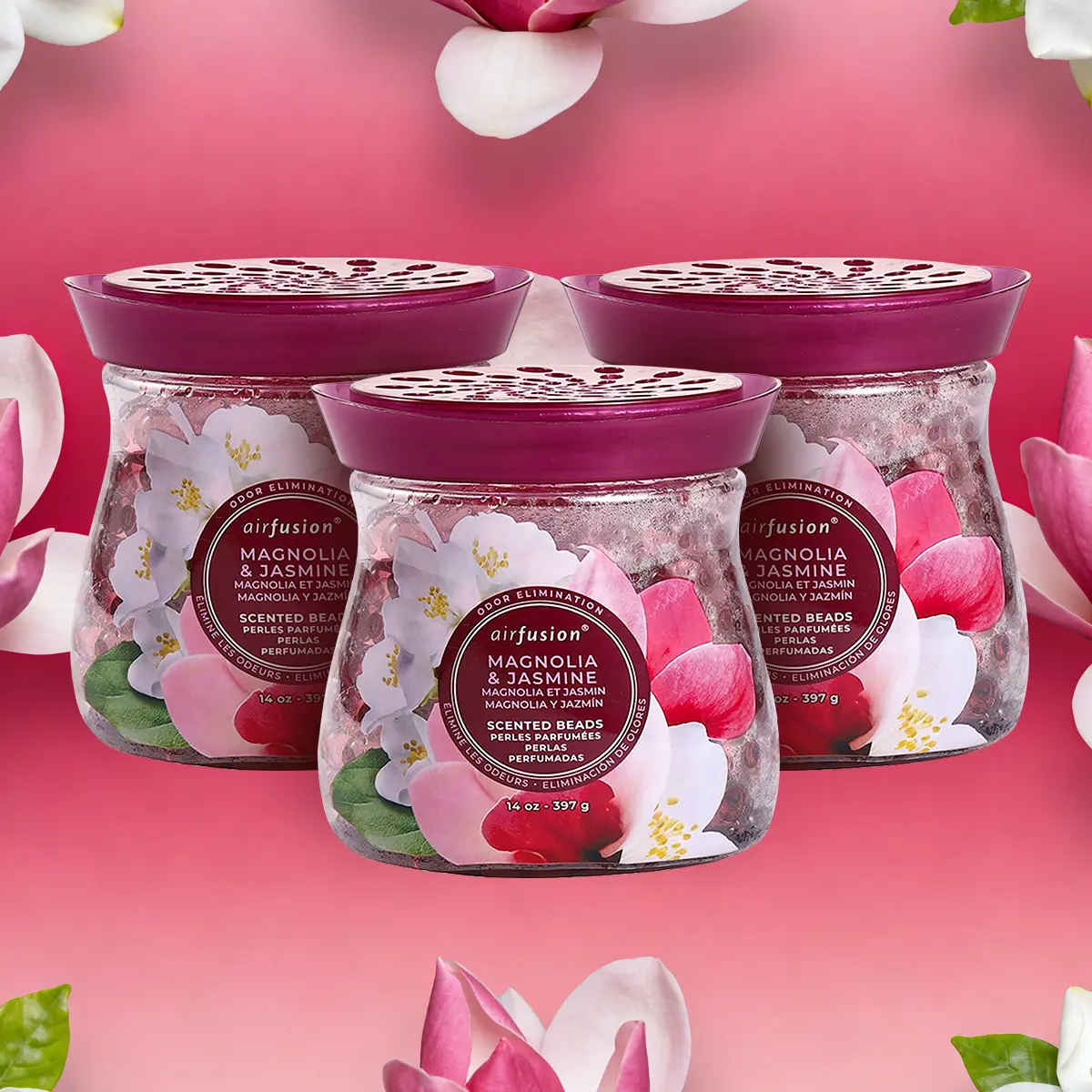 AIR FUSION Magnolia & Jasmine Scented Crystal Beads Home Scent Air Freshener, 3-Pack 14 Oz Fragrance Blocks, Easy-Open Lid Design for Bathroom Odor Control
