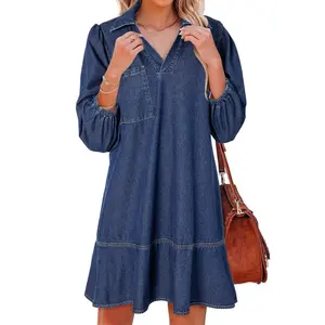 Dokotoo Denim Dress for Women Fashion Fall Casual Babydoll 2026 V Neck 3/4 Puff Sleeve Jean Dresses