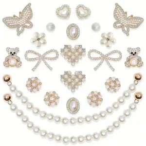 SOGLLQAM Shoe Charms for Women – Pearl & Flower Rhinestone Chain Shoe Decorations, Bling Accessories for Party & Birthday Footwear Shiny