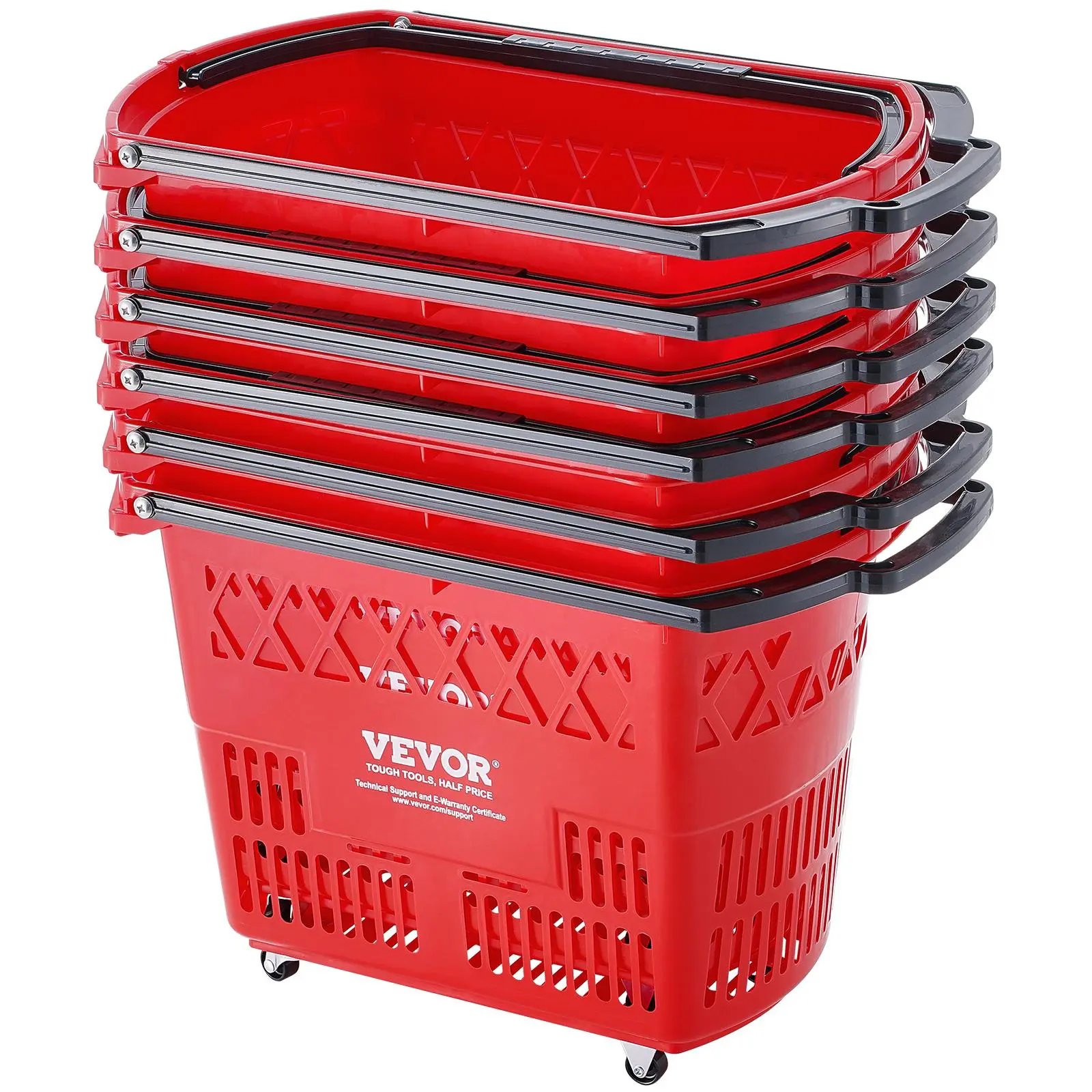 【Summerfinds】VEVOR Shopping Baskets, 6PCS, 39L Shopping Carts with Handles, Plastic Rolling Shopping Basket with Wheels, Large Portable Shopping Basket Set for Supermarkets, Retail Stores, Grocery Shopping, Red Organiser Household