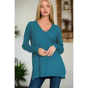 Zenana Viscose Front Seam V-Neck Sweater, Tops