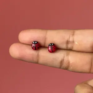 Stainless Steel Tiny Lady Bug Earrings - Simple Design with Black and Red Accents