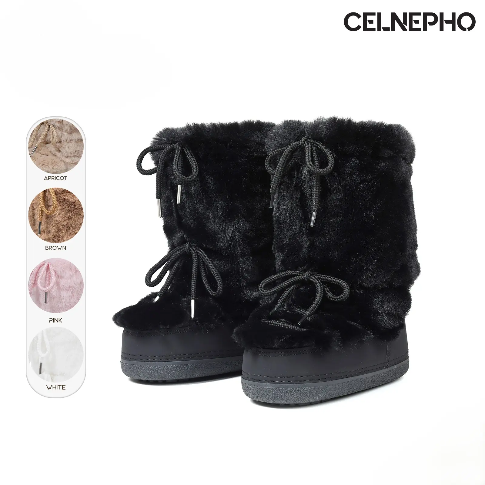 CELNEPHO Faux Fur Mid Calf Boots for Women Round Toe Wedge Heel Lace Design Cozzy Comfy Boot Easy Pull on Indoor Outdoor Snow Boot Gift Party Wear Dress Shoes