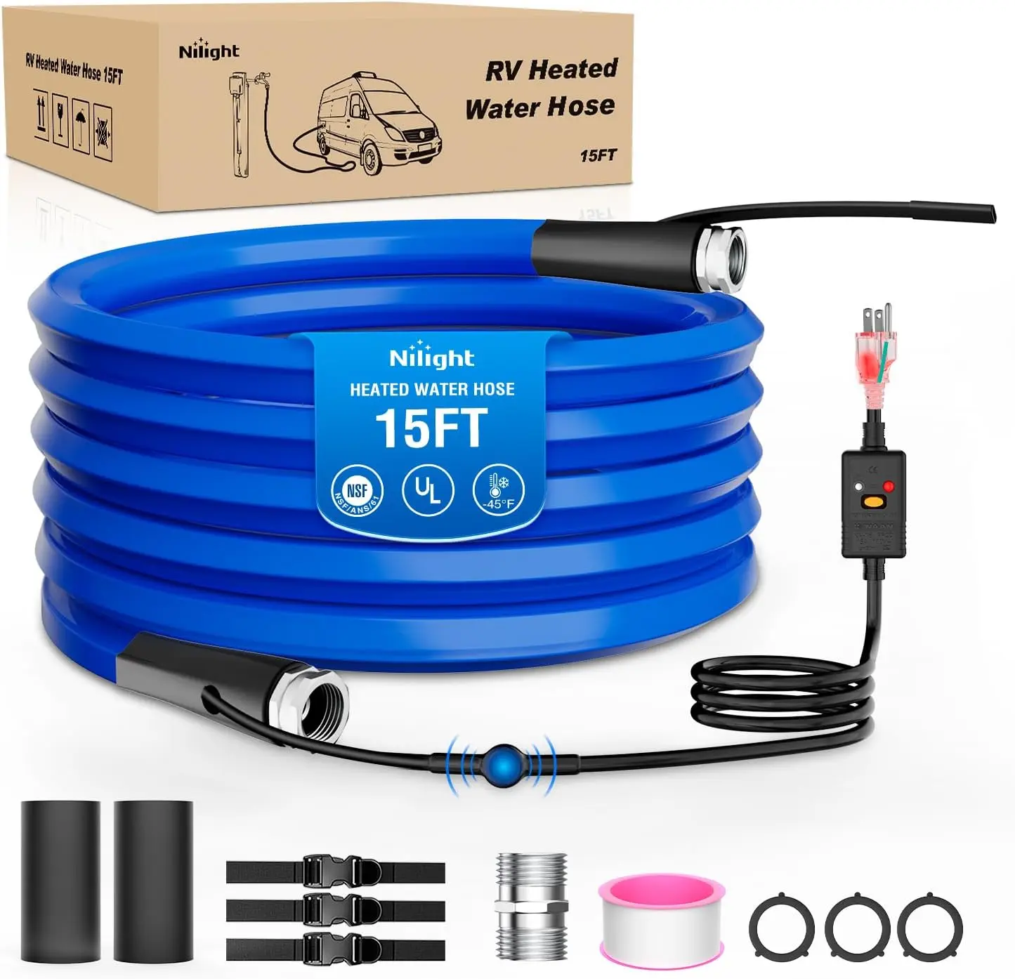 Flexible Water Hose Pipe, 15FT Long Heated Model with 5/8” ID, -45°F Freeze Protection, RV-Compatible, 3/4" Aluminum Male/Female Fittings, Auto-Thermostatic Energy-Saving Smart Heat System, BPA-Free, Lead-Free, NSF-61 Certified for Camping