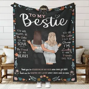Bestie Themed Reversible Flannel Throw Blanket, 100% Polyester, Digital Print, Machine Washable, All Seasons, Multipurpose, Ideal For Birthday, Christmas, Valentine'S Gift